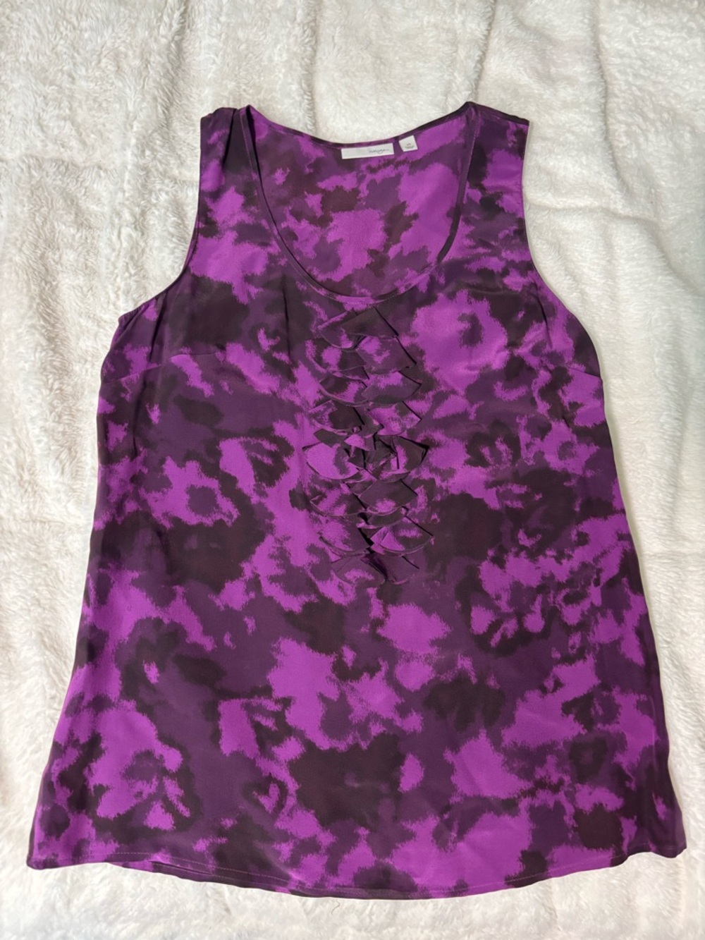 Halogen Purple Patterned Full Silk Natural Fibers Ruffle Sleeveless Chiffon Tank